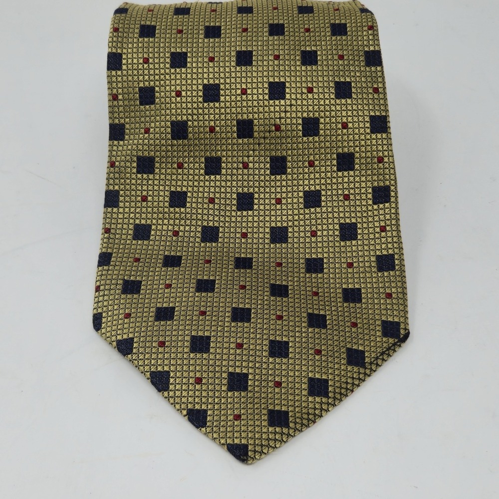 Grimas Tie Mens 100% Silk Made In Italy Gold Navy Blue Geometric Woven Design